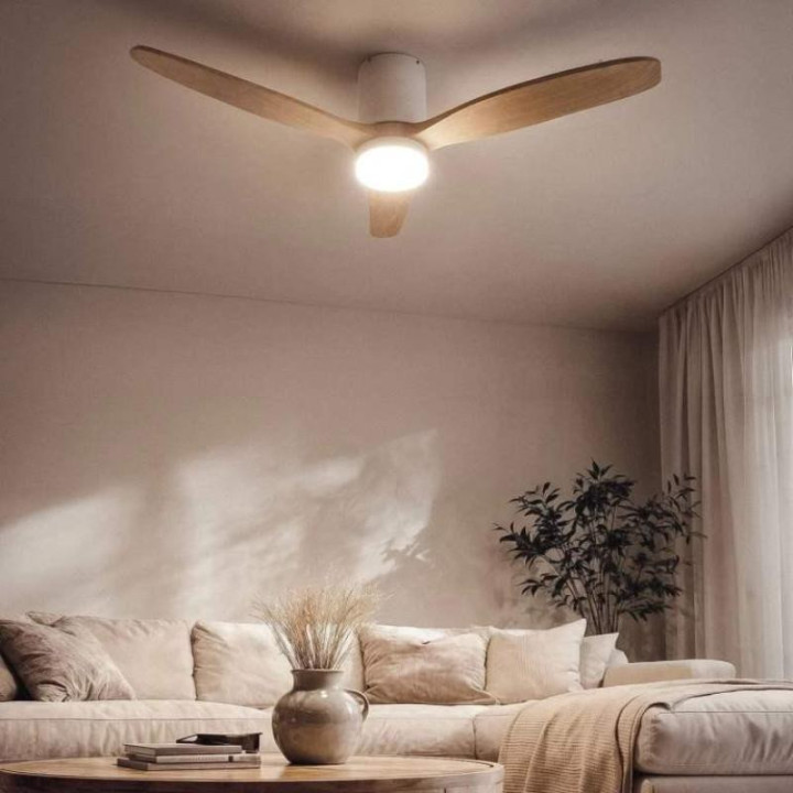 Ventilateur de Plafond Moderne Blanc avec Pales en Bois clair Éclairage et Moteur Silencieux