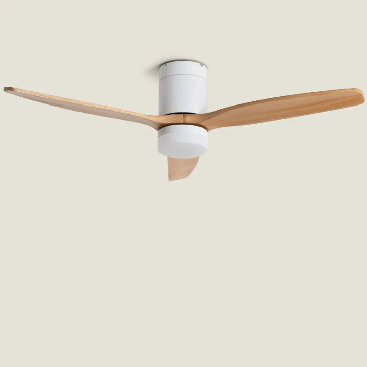 Ventilateur de Plafond Moderne Blanc avec Pales en Bois clair Éclairage et Moteur Silencieux