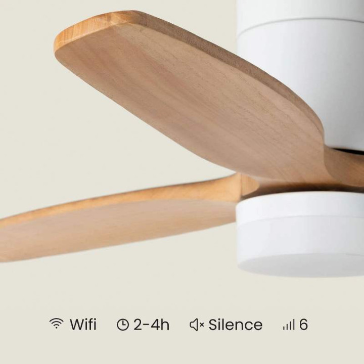 Ventilateur de Plafond Moderne Blanc avec Pales en Bois clair Éclairage et Moteur Silencieux