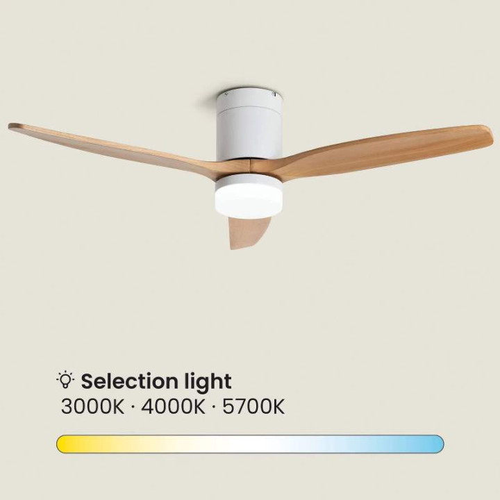 Ventilateur de Plafond Moderne Blanc avec Pales en Bois clair Éclairage et Moteur Silencieux