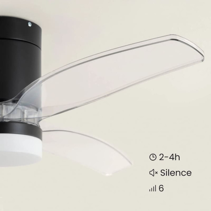 Ventilateur de Plafond Moderne Noir avec Pales Transparentes Éclairage et Moteur Silencieux