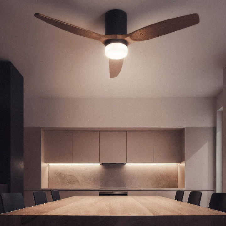 Ventilateur de Plafond Moderne Noir avec Pales en Bois Foncé Éclairage et Moteur Silencieux