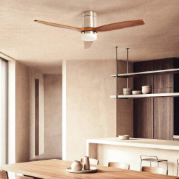 Ventilateur de Plafond Moderne Nickel avec Pales en Bois Foncé Éclairage et Moteur Silencieux