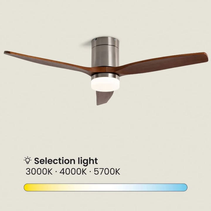 Ventilateur de Plafond Moderne Nickel avec Pales en Bois Foncé Éclairage et Moteur Silencieux