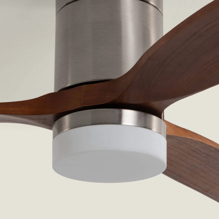 Ventilateur de Plafond Moderne Nickel avec Pales en Bois Foncé Éclairage et Moteur Silencieux