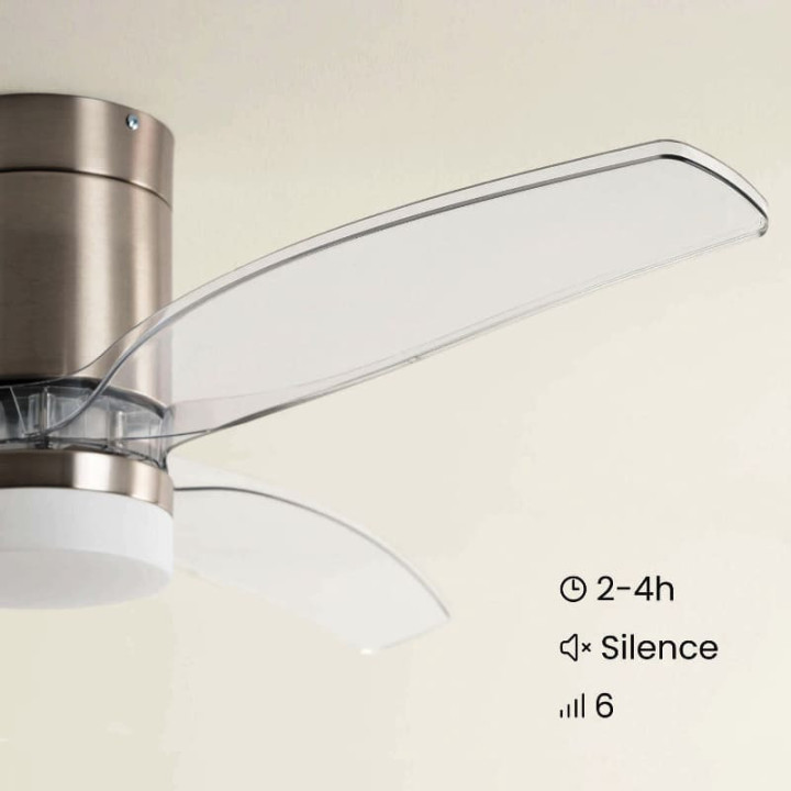 Ventilateur de Plafond Moderne Nickel avec Pales Transparente Éclairage et Moteur Silencieux