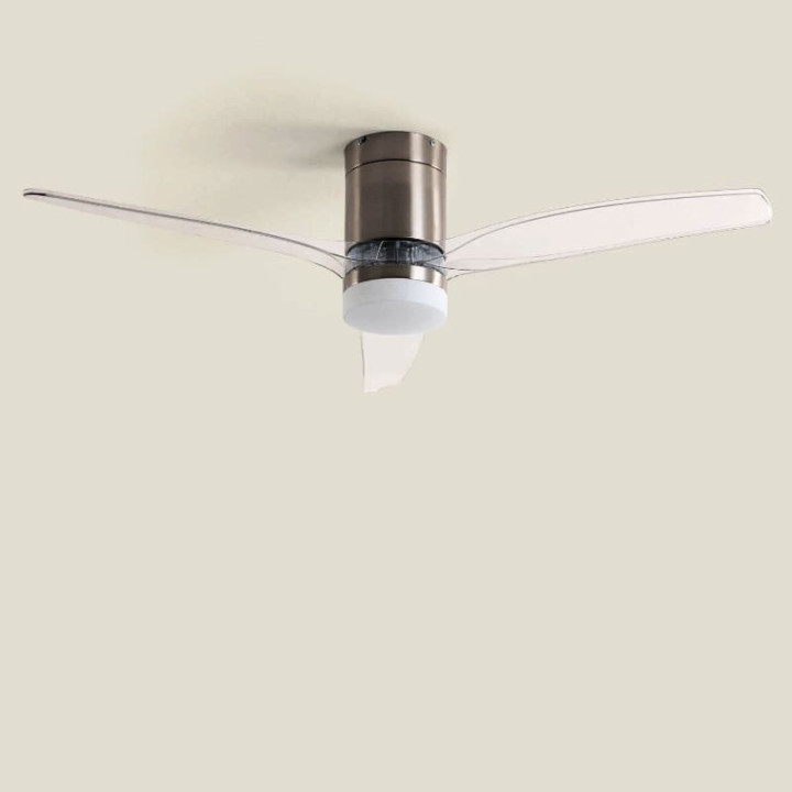 Ventilateur de Plafond Moderne Nickel avec Pales Transparente Éclairage et Moteur Silencieux