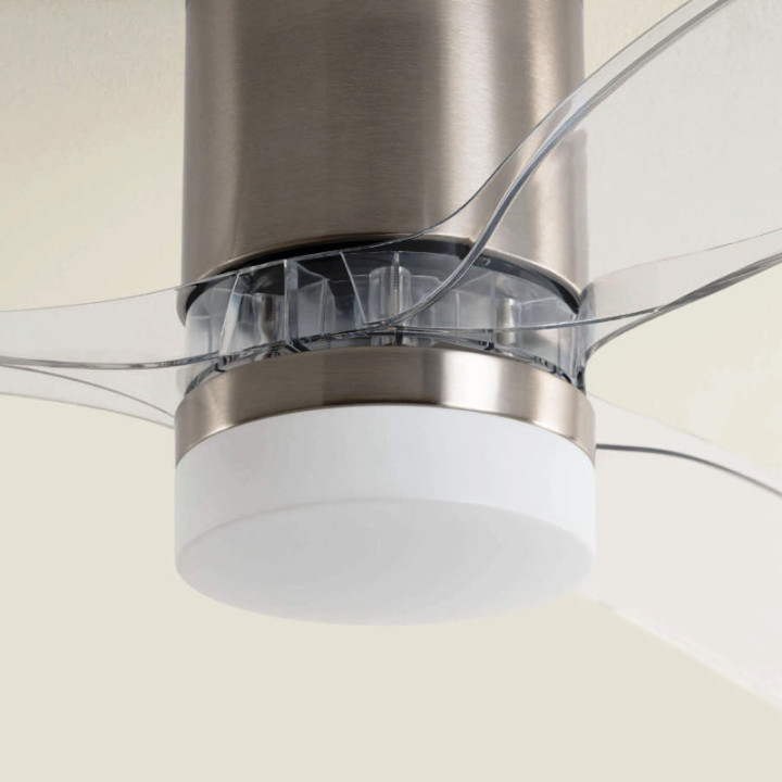 Ventilateur de Plafond Moderne Nickel avec Pales Transparente Éclairage et Moteur Silencieux